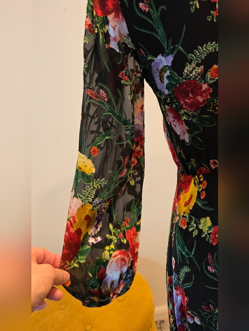 Alice + Olivia Black Floral Wrap Midi Dress with Red & Green Accents, Size 4. - Picture 10 of 16